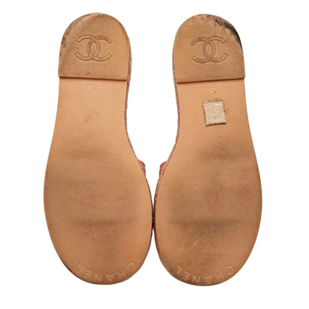 Chanel CC Logo Orange Coral Leather Flat Slide Sandal Jute Size 41 10 10.5
